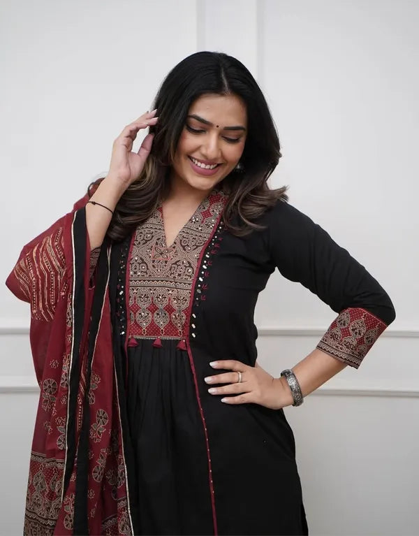 Ruhi Black Ajrakh Patch Aline Set (Buy 1 Get 1 Free)