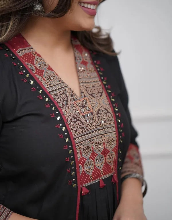 Ruhi Black Ajrakh Patch Aline Set (Buy 1 Get 1 Free)
