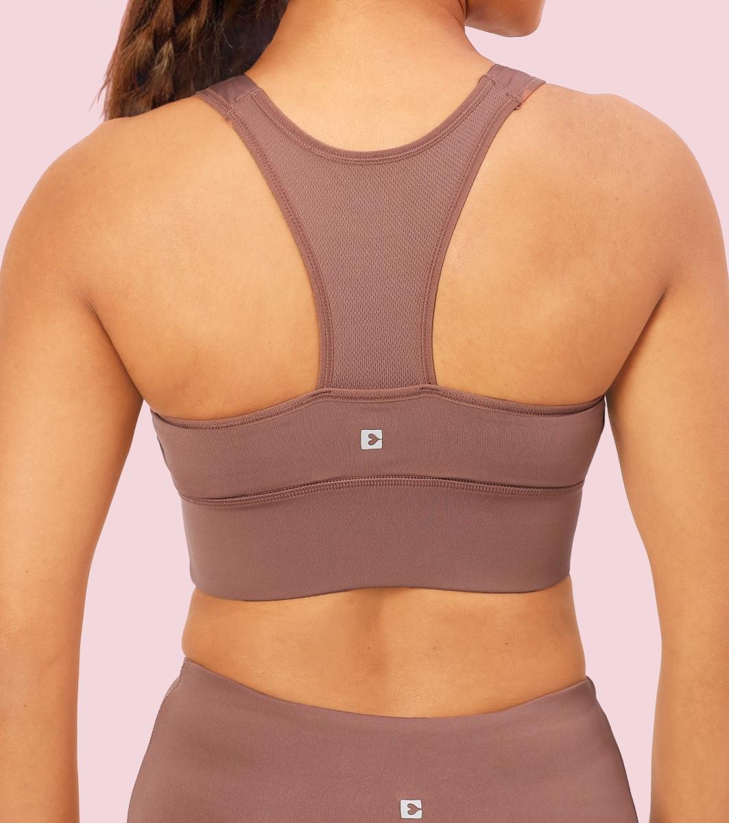 Enamor Wide Straps Seamed T-back Basic Workout Sports Bra - Quick Dry, Antimicrobial, Removable Padding, Non-Wired, Full Coverage - A202 (Nutmeg)