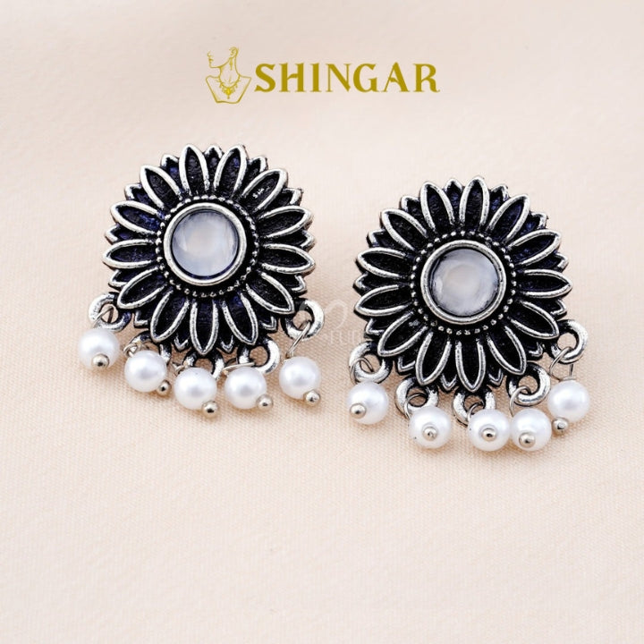 Set Of 12 Oxidized Designer Stud Earrings With Folding Jewelry Box