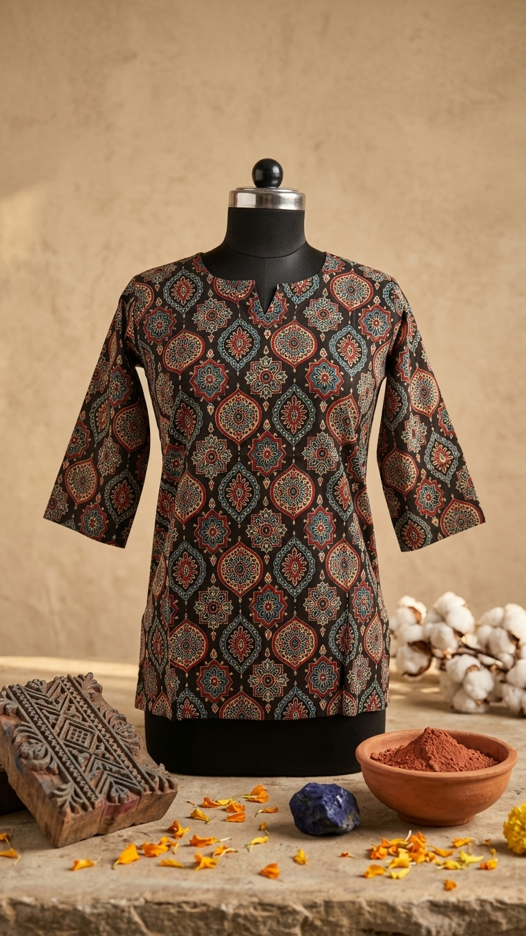 Black Ajrakh Geometric Print Cotton Short Kurti for Women (Buy 1 Get 1 Free)