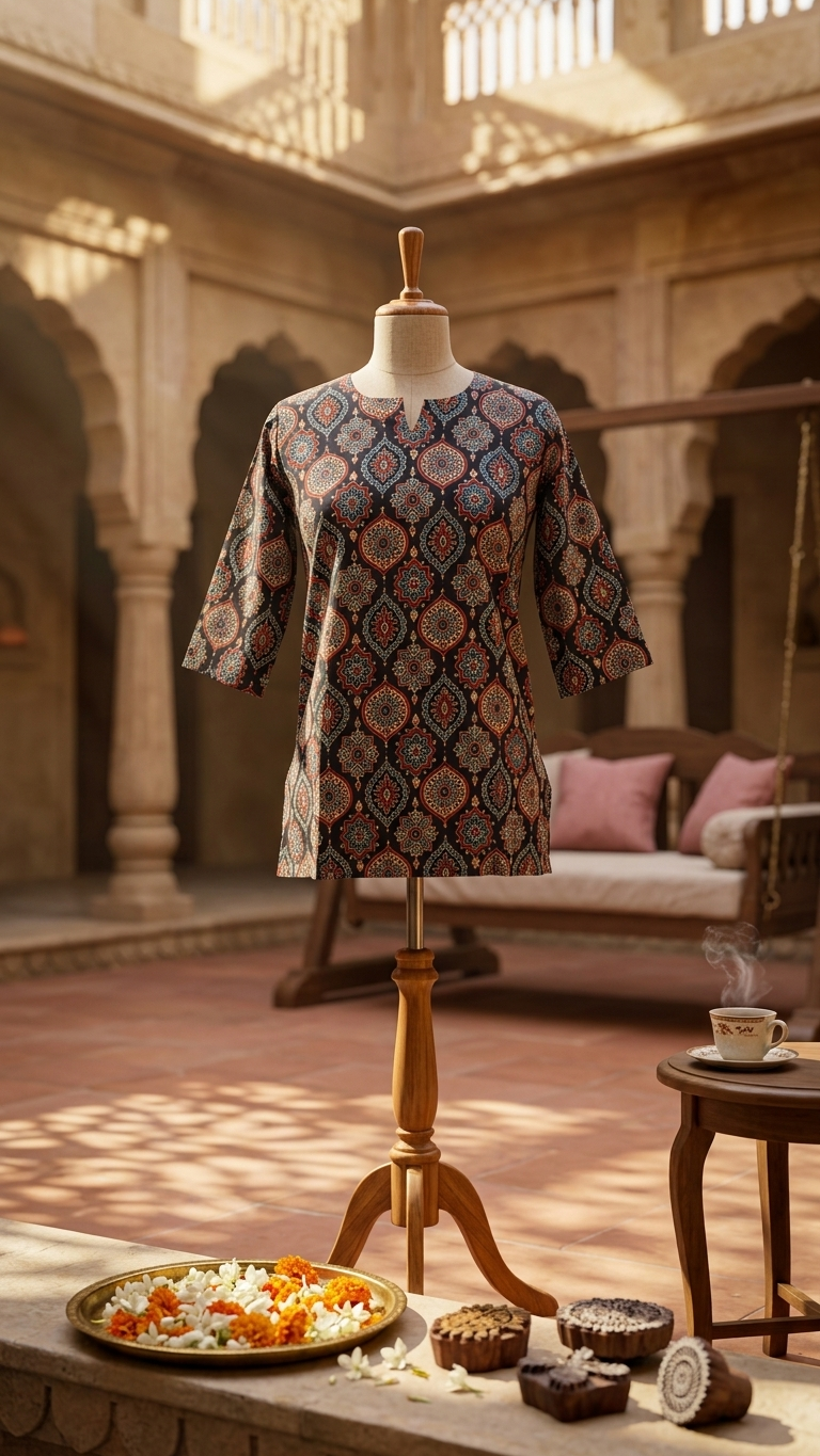 Black Ajrakh Geometric Print Cotton Short Kurti for Women (Buy 1 Get 1 Free)