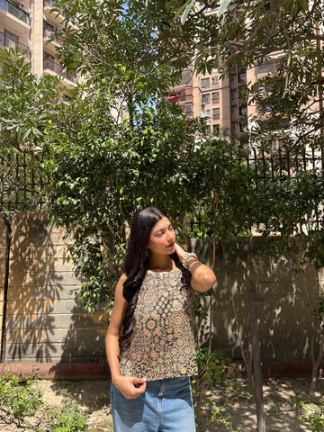 Black Ajrakh Patchwork Print Sleeveless Cotton Crop Kurti Top for Women (Buy 1 Get 1 Free)