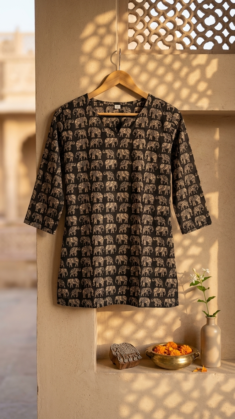 Black & Gold Elephant Block Print Cotton Short Kurti for Women (Buy 1 Get 1 Free)