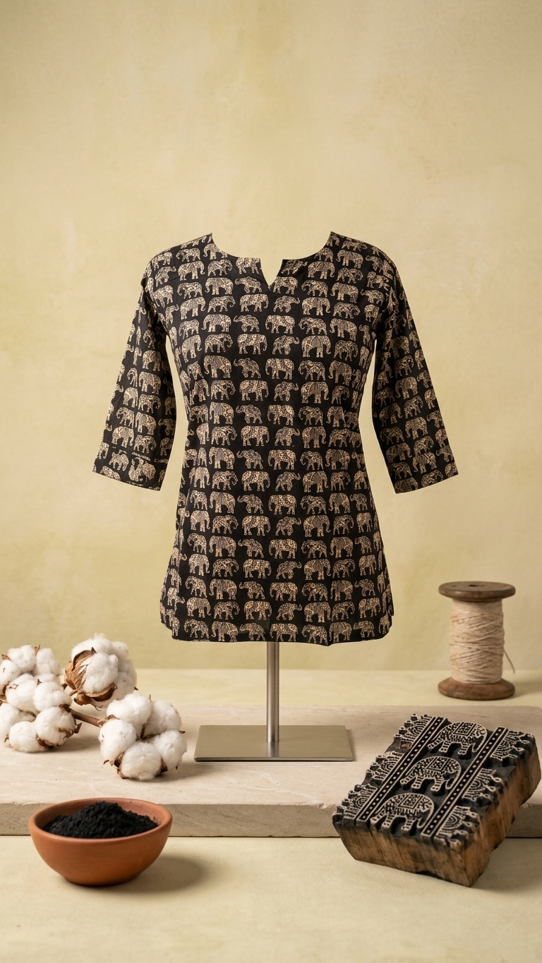 Black & Gold Elephant Block Print Cotton Short Kurti for Women (Buy 1 Get 1 Free)