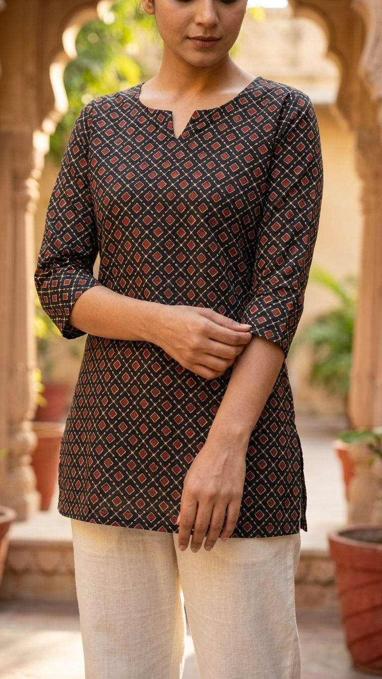 Black & Maroon Geometric Diamond Print Cotton Short Kurti for Women (Buy 1 Get 1 Free)