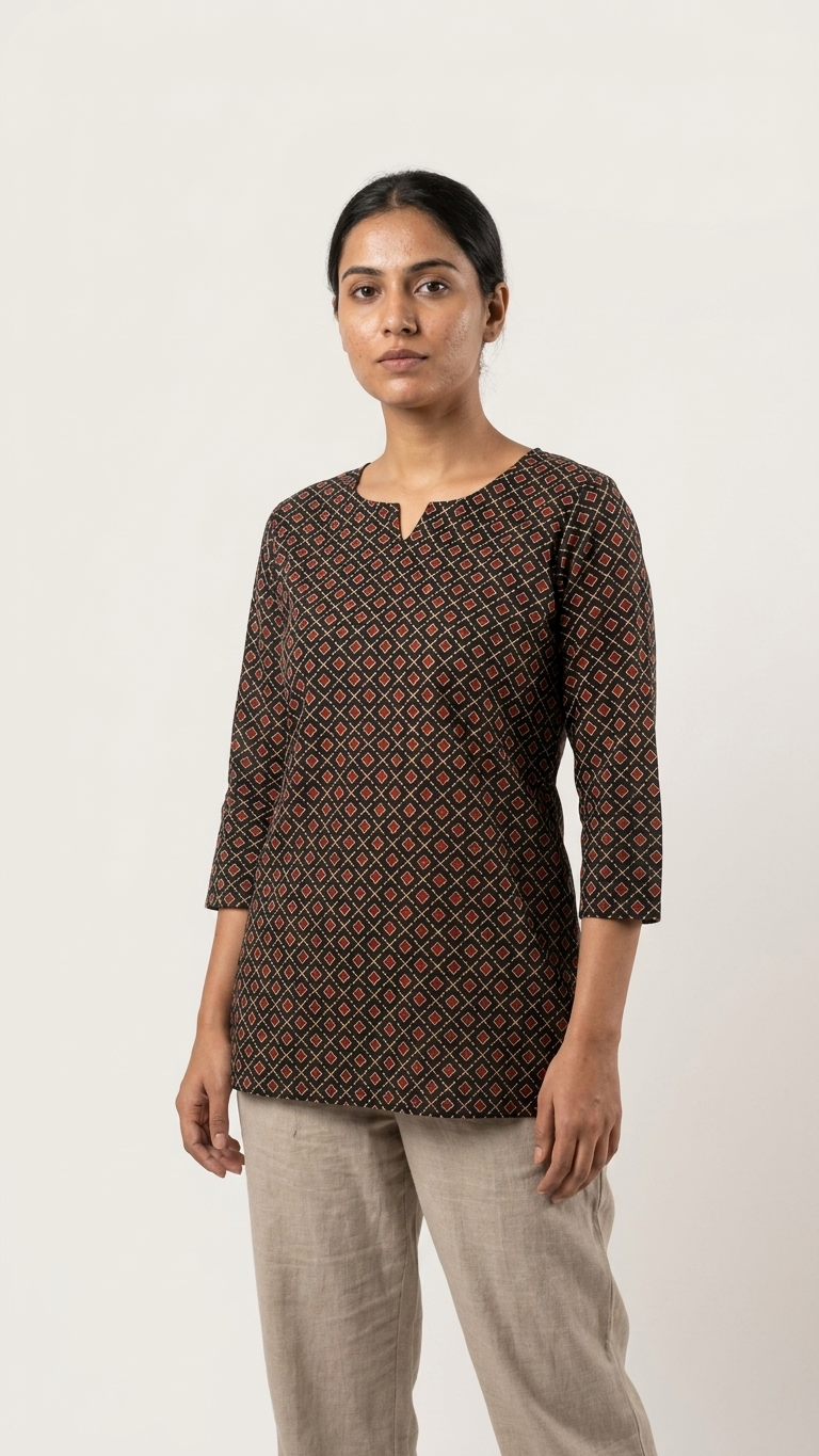 Black & Maroon Geometric Diamond Print Cotton Short Kurti for Women (Buy 1 Get 1 Free)