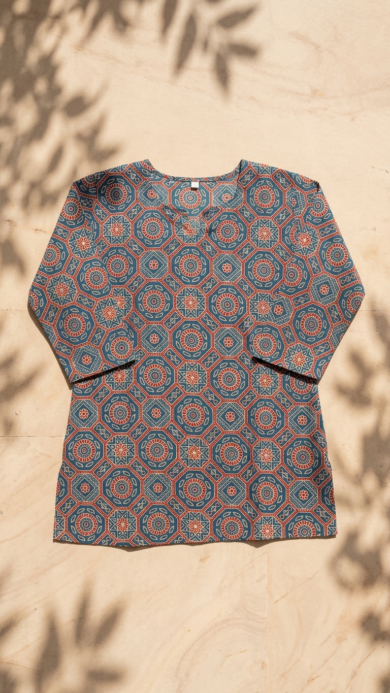 Blue Ajrakh Geometric Mandala Print Cotton Short Kurti for Women (Buy 1 Get 1 Free)