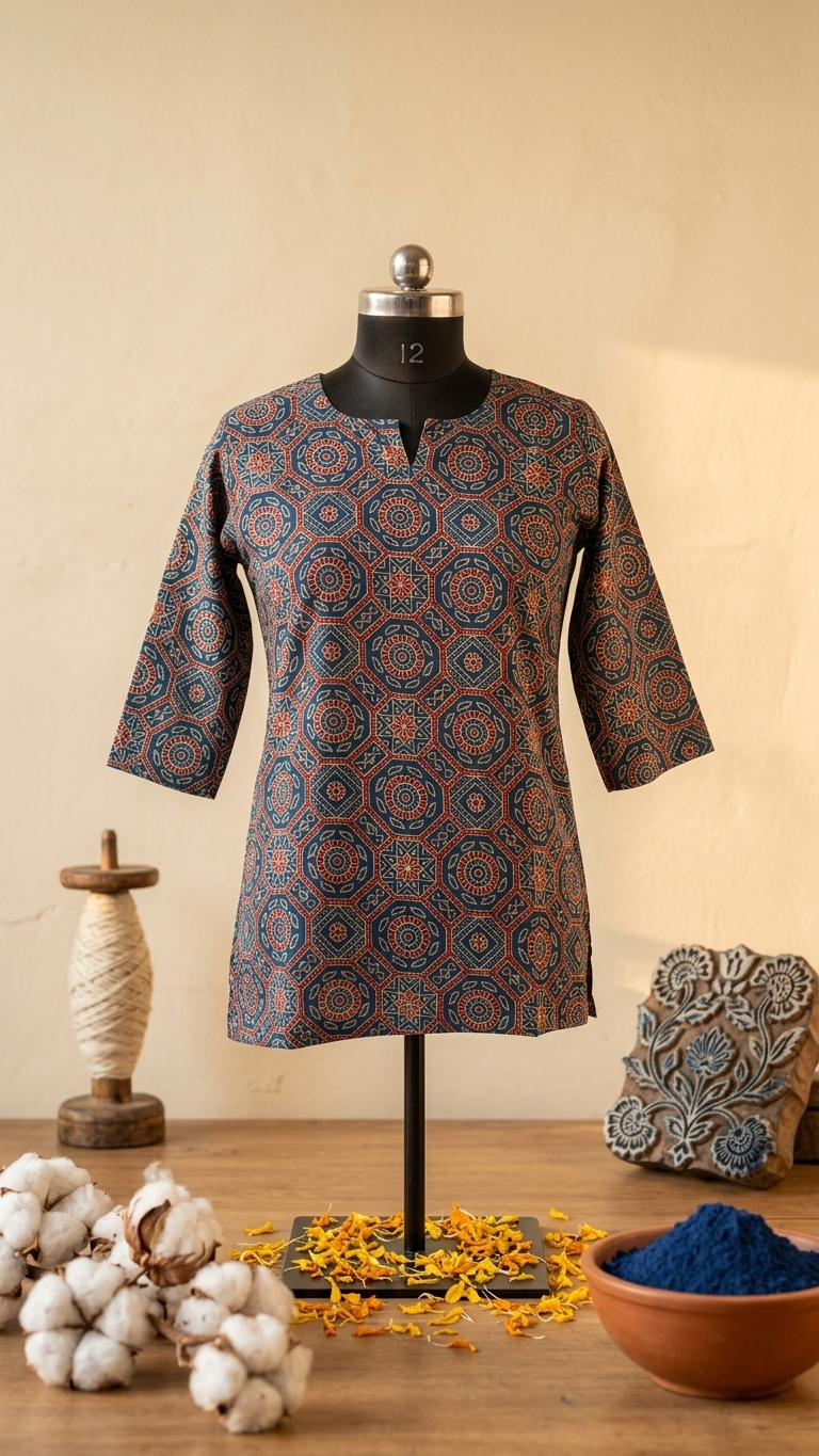 Blue Ajrakh Geometric Mandala Print Cotton Short Kurti for Women (Buy 1 Get 1 Free)