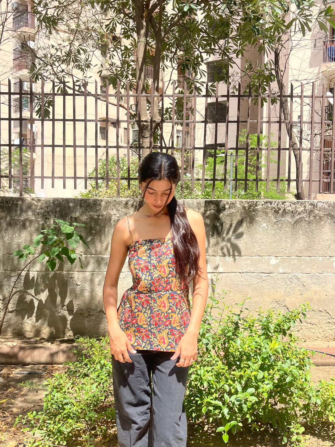 Dark Navy Blue Kalamkari Floral Print Cotton Spaghetti Top for Women (Buy 1 Get 1 Free)
