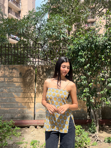 Grey Yellow Pineapple Buta Print Cotton Spaghetti Top for Women (Buy 1 Get 1 Free)