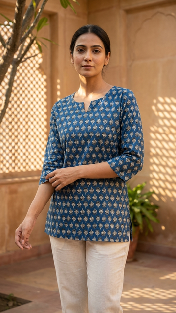 Indigo Blue Ethnic Buti Print Cotton Short Kurti for Women (Buy 1 Get 1 Free)
