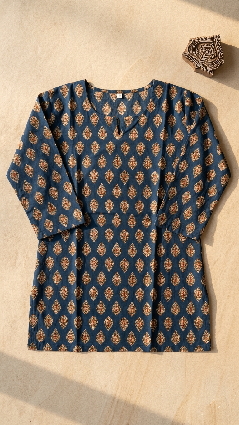Indigo Buti Print Cotton Short Kurti for Women (Buy 1 Get 1 Free)