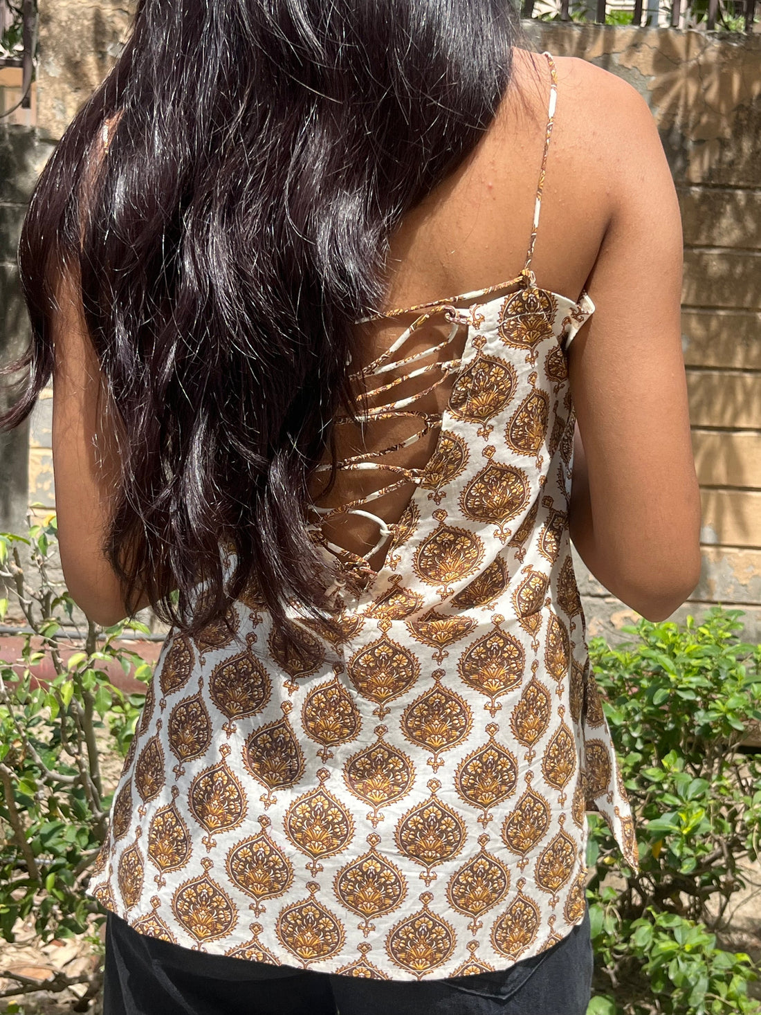 Ivory Mughal Buta Print Cotton Spaghetti Top for Women (Buy 1 Get 1 Free)