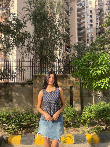 Navy Blue Ajrakh Print Sleeveless Cotton Crop Kurti Top for Women (Buy 1 Get 1 Free)