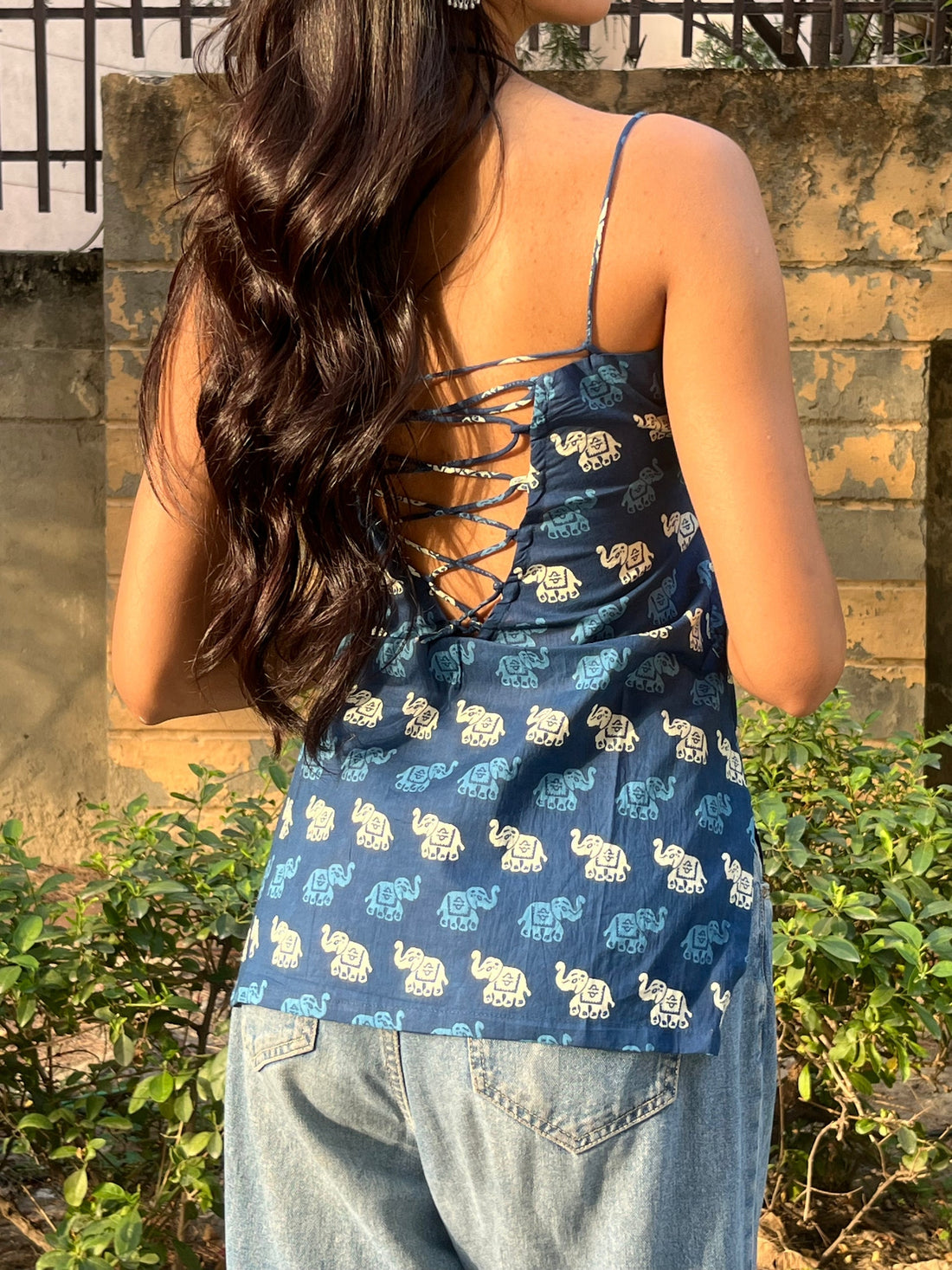 Navy Blue Elephant Print Cotton Spaghetti Top for Women (Buy 1 Get 1 Free)