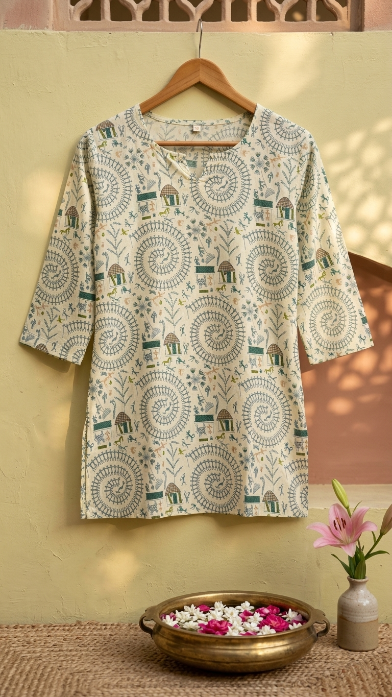 Off-White Warli Tribal Print Cotton Short Kurti for Women (Buy 1 Get 1 Free)