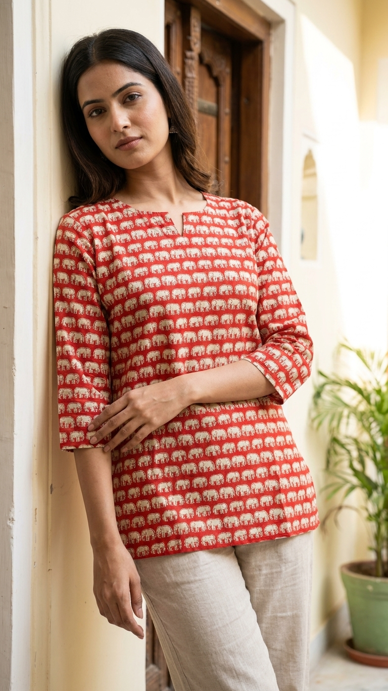 Red Elephant Block Print Cotton Short Kurti for Women (Buy 1 Get 1 Free)