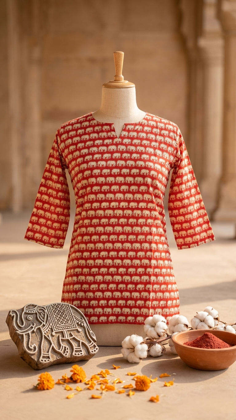 Red Elephant Block Print Cotton Short Kurti for Women (Buy 1 Get 1 Free)