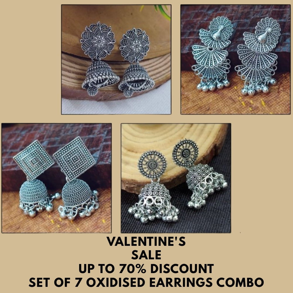 Set Of 7 Oxidised Jhumki Earrings Combo,s