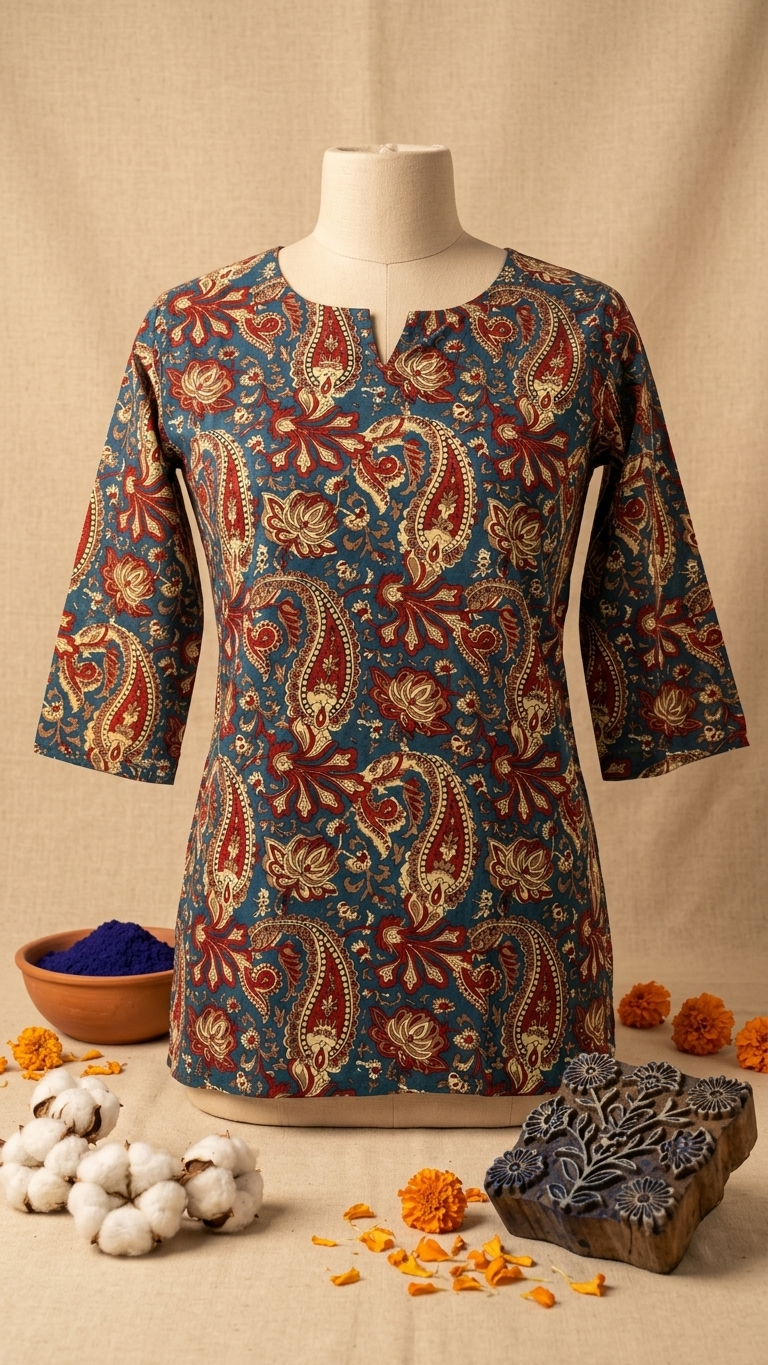 Teal Blue Kalamkari Paisley Print Cotton Short Kurti for Women (Buy 1 Get 1 Free)