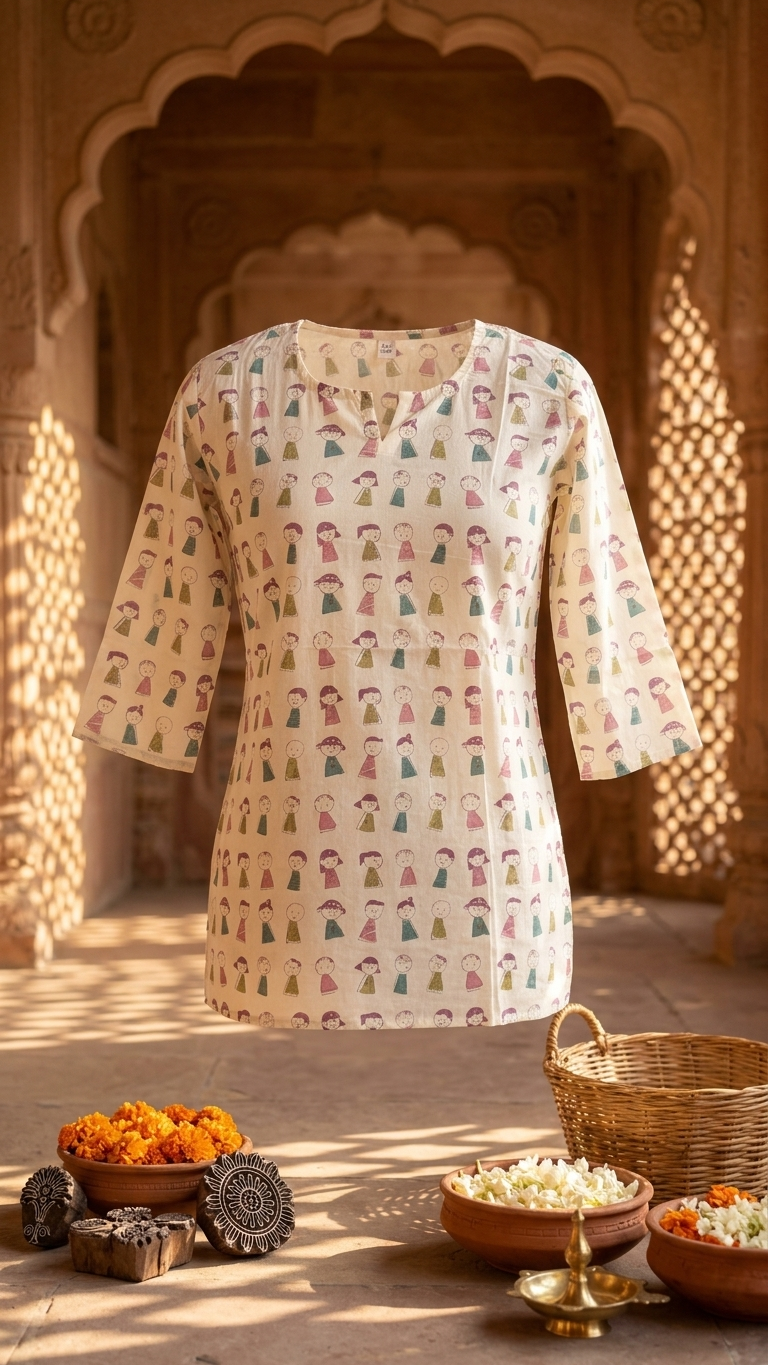White Whimsical Hand-Block Doodle Print Cotton Short Kurti for Women (Buy 1 Get 1 Free)