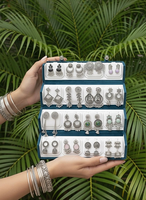 16 PC OXIDISED JHUMKA + BLUE BOX