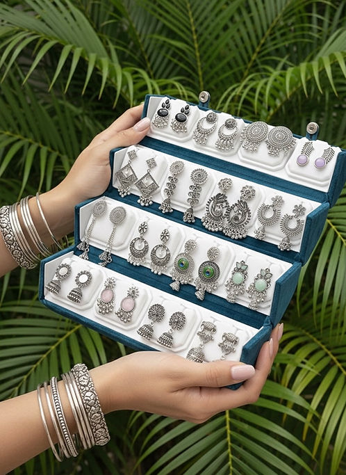 16 PC OXIDISED JHUMKA + BLUE BOX
