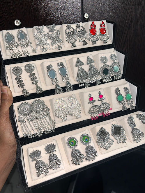 16 PAIR OXIDISED JHUMKAS + BLACK BOX