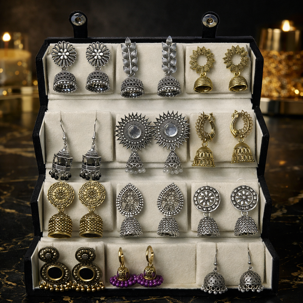 Set of 12 Oxidised Jhumka with Black Jewellery Box