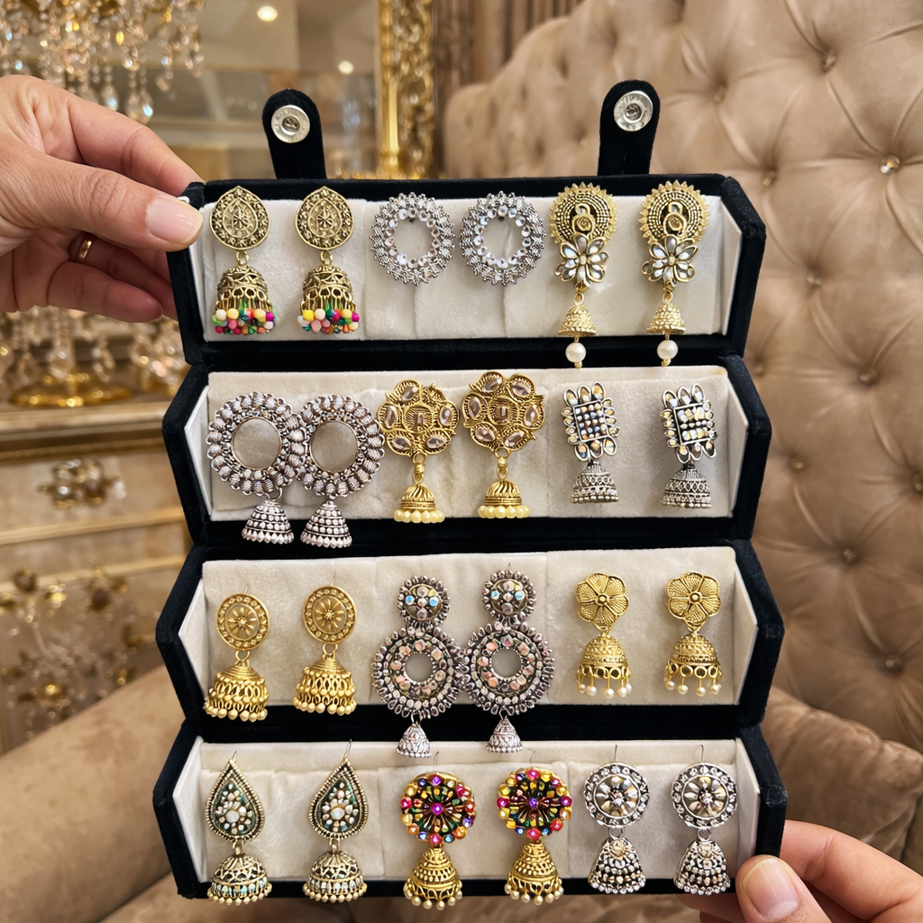 Set of 12 Oxidised Jhumka with Black Jewellery Box