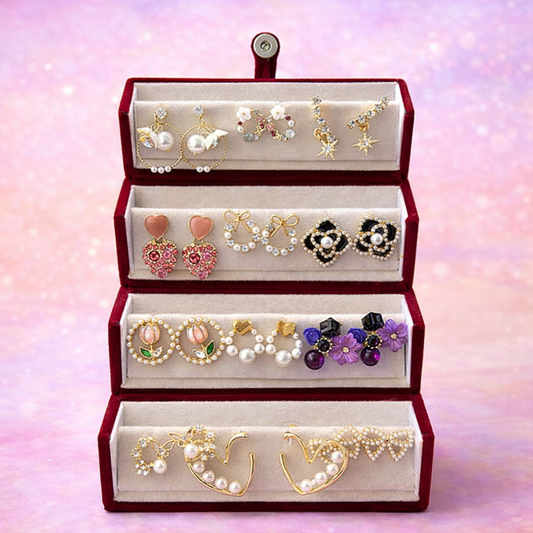 Set of 12 Korean Earrings with Black Jewellery Box