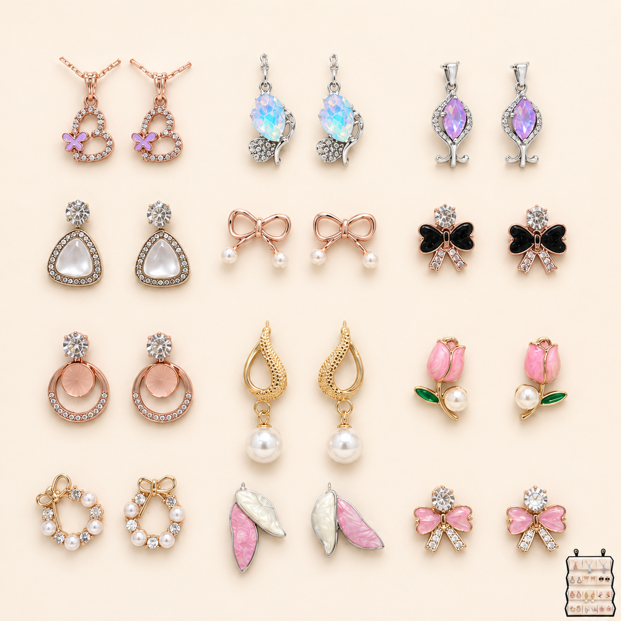 Set of 12 Stud Earrings with Pendants Box