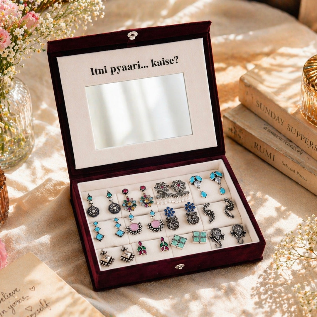 Blushing Mirror Box - 12 Oxidised Multicolor Earrings Set with Sandesh Patra