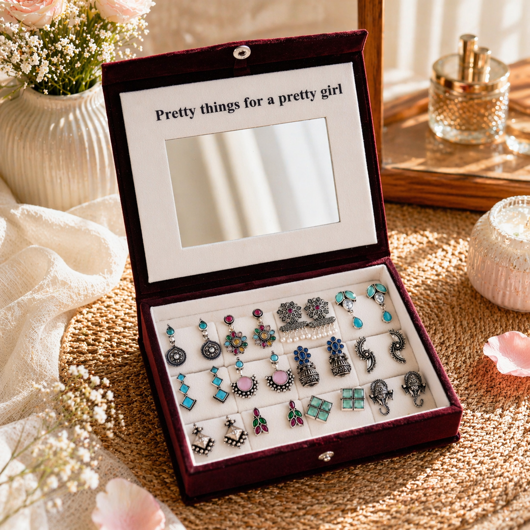 Blushing Mirror Box - 12 Oxidised Multicolor Earrings Set with Sandesh Patra