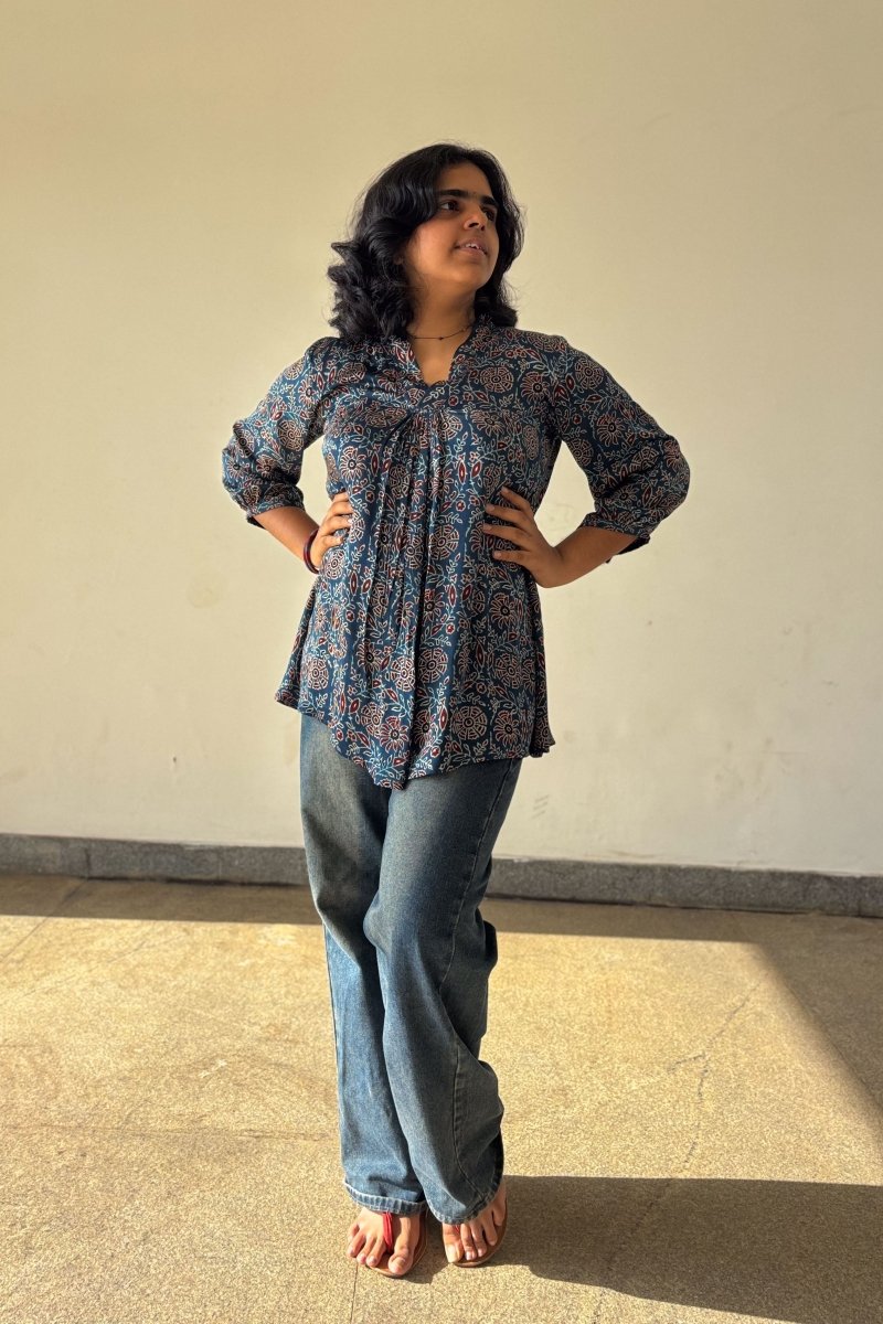 Blue Blooms Modal Ajrakh Short Top (Buy 1 Get 1 Free)