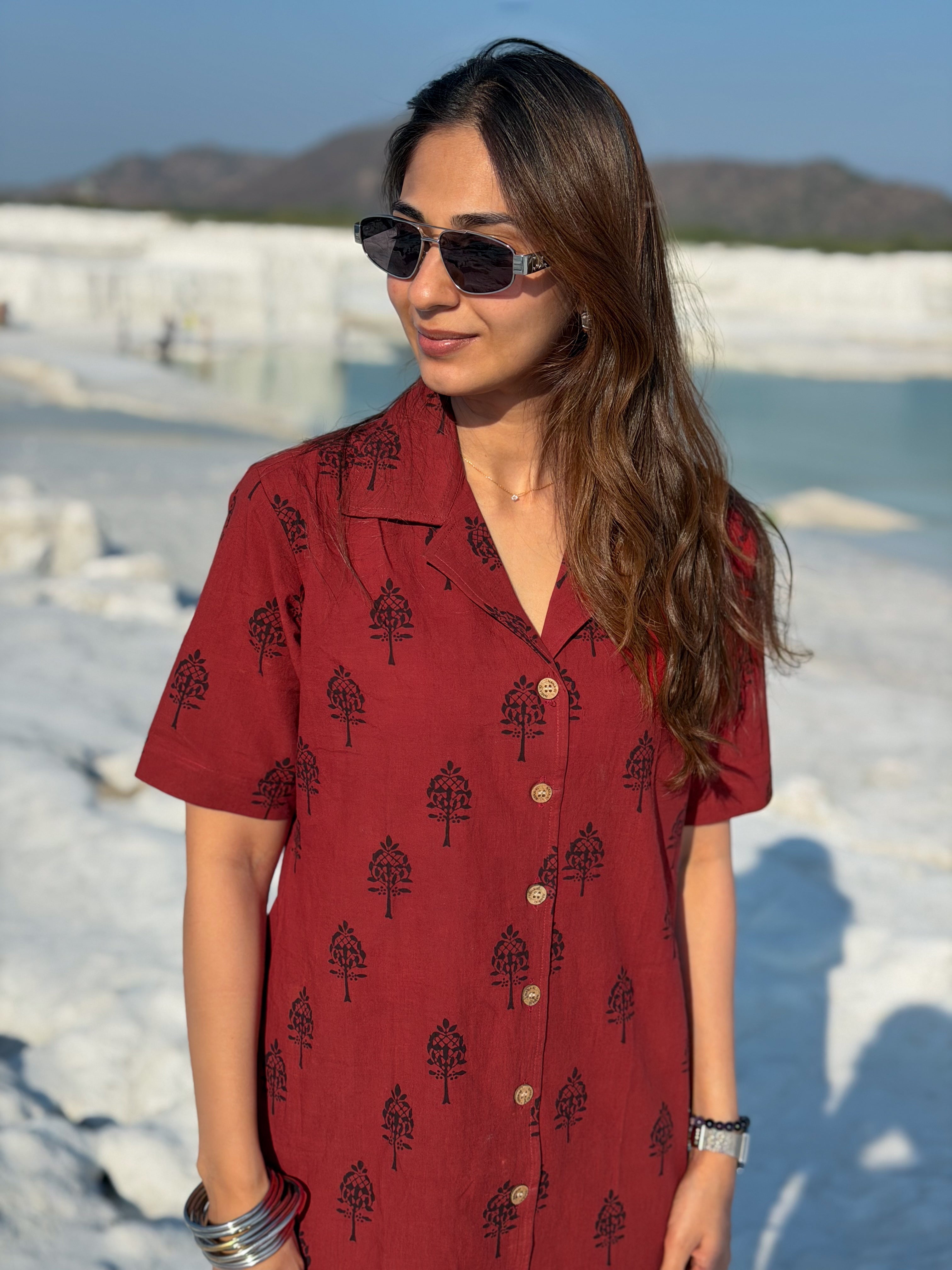 Laal Ajrakh Floral Handblock Cotton Shirt Kurti (Buy 1 Get 1 Free)