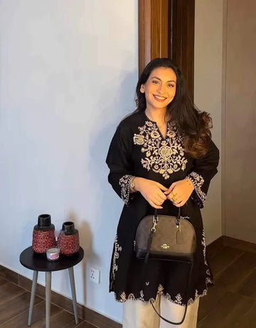 short black embroidered kurta with pants  (Buy 1 Get 1 Free)